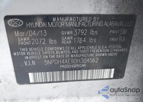 2013 Hyundai Elantra Limited z USA, uszkodzony, nr VIN 5NPDH4AE9DH304562